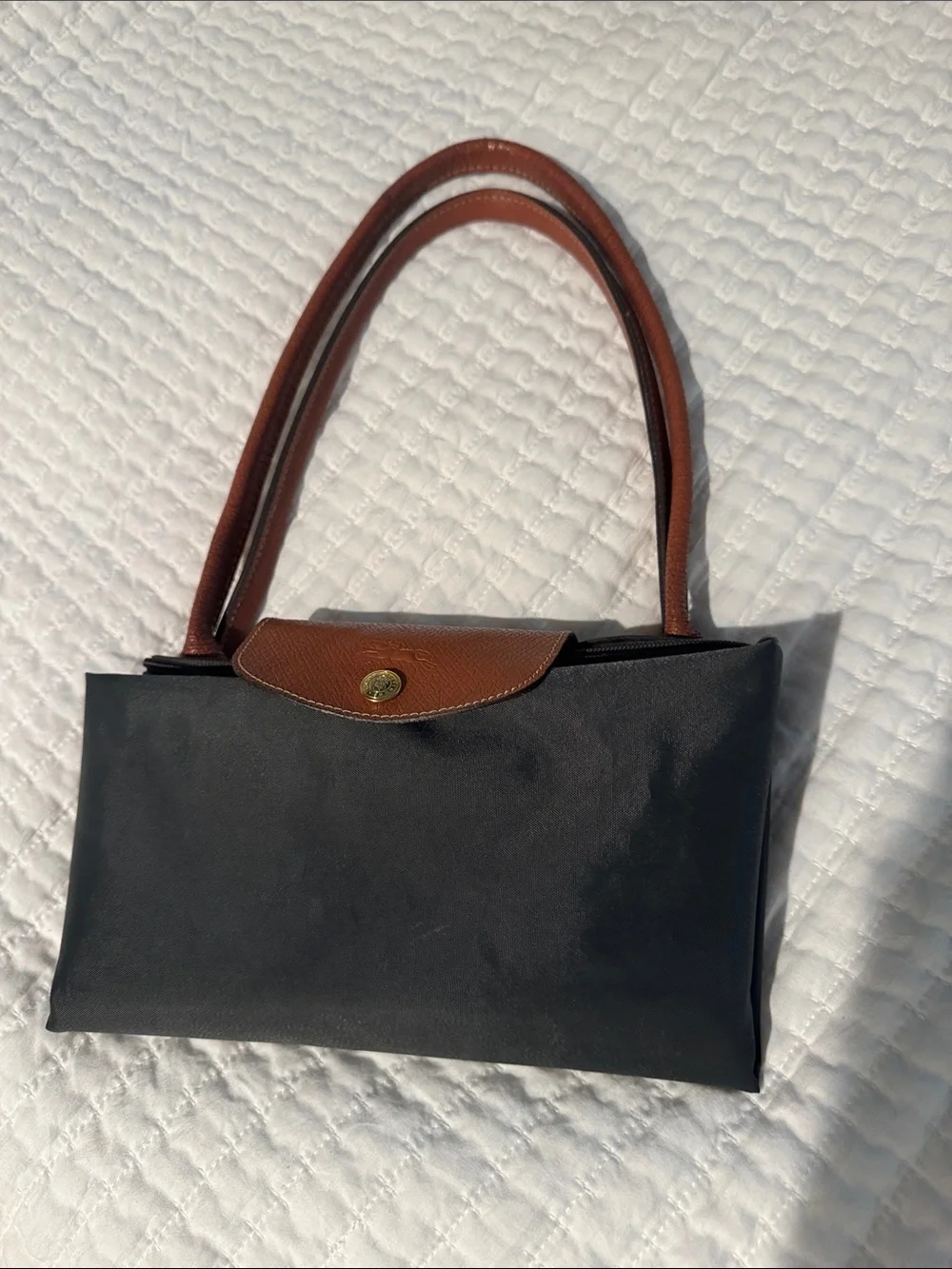 Longchamp Classic gray Tote with Brown Leather Trim